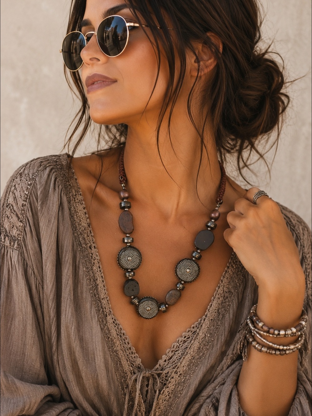 Stunning Brown and Silver Beaded Boho Necklace
